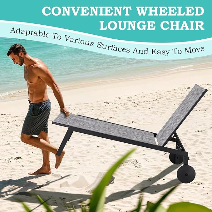 EROMMY Patio Chaise Lounge Chair Set of 2 with Table, Waterproof Outdoor Poolside Recliners with Adjustable Backrest & Wheels
