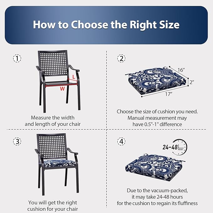 Outdoor Chair Cushions Set of 4, 17 x 16 Inch Patio Chair Cushions, Water Resistant, Non-Slip Ties (Blue Carp)