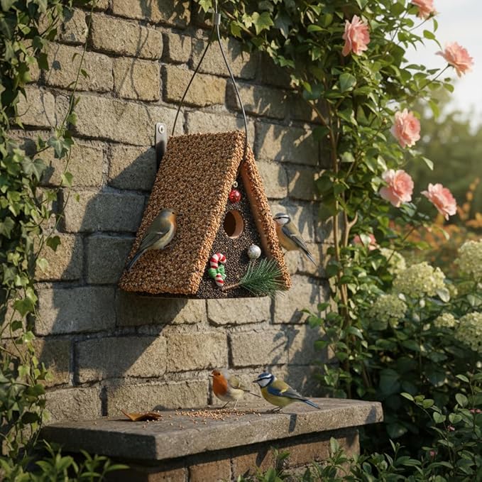 Seeded Birdhouse, Birdseeded Bird House, Wood Wren Bird Houses Covered with Wild Birdfood,Bird Feeders for Outside Hanging, A Frame Birdhouse