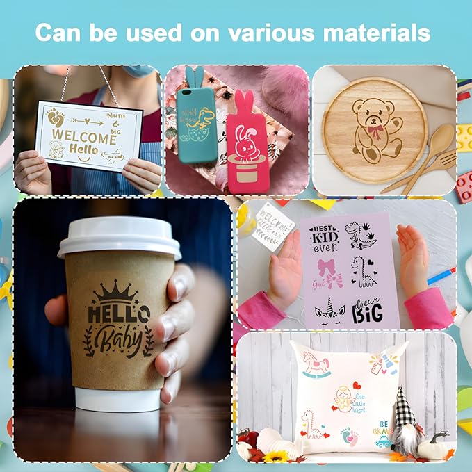 Baby Shower Stencils for Painting, 64PCS 3x3 Inch Plastic Stencils for Crafts Reusable, with Animals, Stars, Moons & Baby Designs, for Nursery Decor, Baby Shower Gifts & Kids Room
