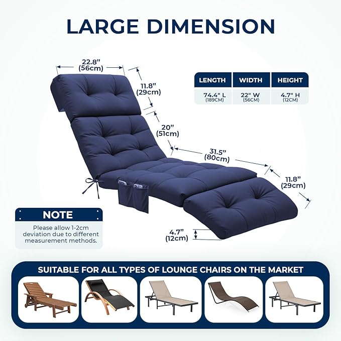 Outdoor Chaise Lounge Chair Cushion Waterproof 74.4 x 22 x 4.7 Inches Lounge Chair Cushions Replacement for Outdoor Furniture with Ties and Pocket, Thickened Pool Lounge Chair Cushions, Blue