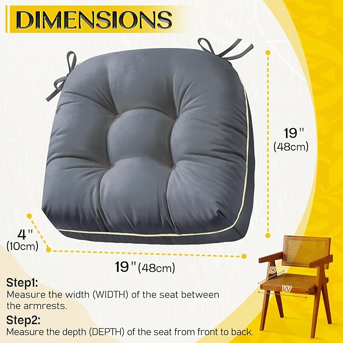 Outdoor Chair Cushions Set of 2, Outdoor Cushions for Patio Furniture and Wicker Chair, Memory Foam Patio Seat Cushion Pads with Ties, 19 x 19 Inch (Grey)
