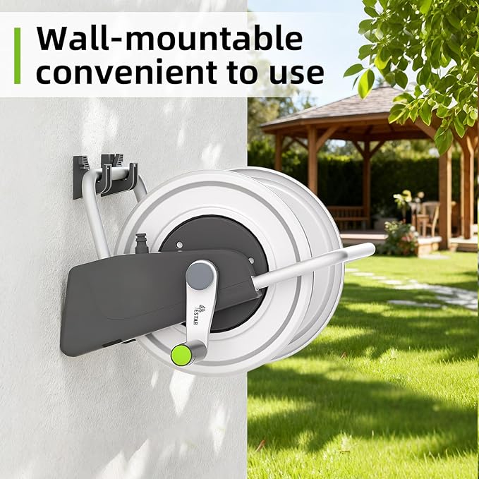Metal Garden Hose Reel Cart,Hose Holder Up to 50-80 Feet of 5/8" Hose,Wall Mounted Water Hose Reel,Portable Hose Reels for Outside Car Washing, Watering