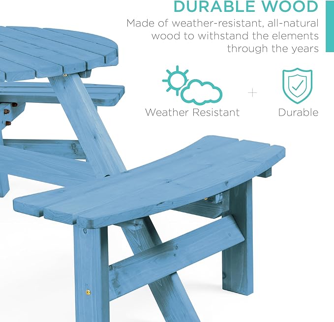 Best Choice Products 6-Person Circular Outdoor Wooden Picnic Table for Patio, Backyard, Garden, DIY w/ 3 Built-in Benches, 500lb Capacity - Seaside Breeze
