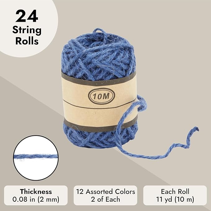 24 Rolls Colored Twine String for Crafts, 2mm Macrame Cord for Gift Wrapping - 12 Colors Twine for Crafts and Macrame Supplies (11 Yards Each, 264 Yards Total)