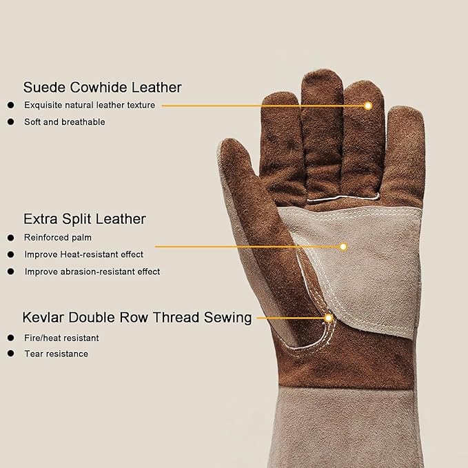 Stick Welding Gloves for Men, Heavy Duty Gardening Gloves for Yard Work, Leather Gloves for Barbecue, Cooking, Firefighting, Fireplace, Baking, Pot Holder, Thorn Proof, XL
