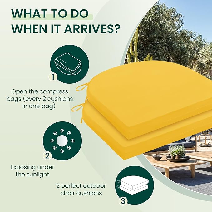 HARBOREST Outdoor Chair Cushions Set of 2, Water Resistant Patio Chair Cushions with Ties, Outdoor Seat Cushions for Patio Furniture, 17"x16"x2", Yellow