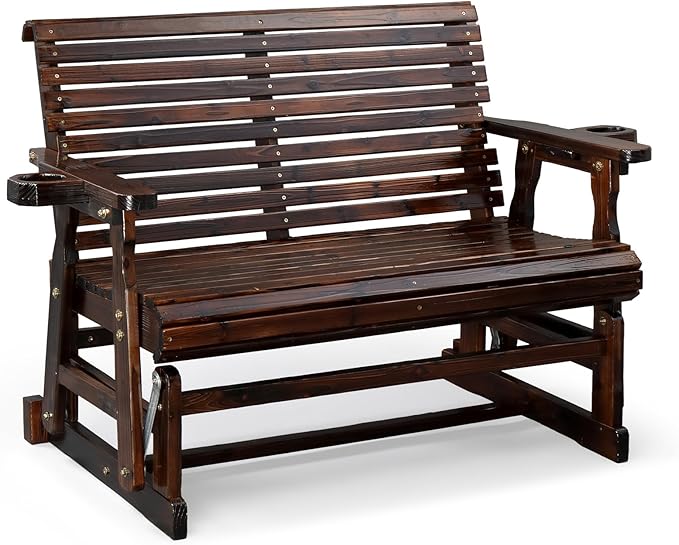 VINGLI Outdoor Glider Wood Patio Chair with Cup Holders, Outdoor Bench Glider Loveseat with Smooth Rocking Mechanism, Heavy Duty 800 LBS, Rustic