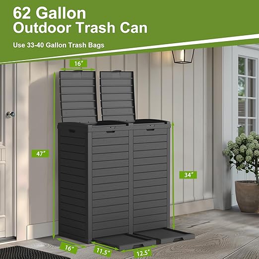 EFU 76 Gallon Outdoor Trash Can,Waterproof Resin Garbage Can with Tiered Lid & Drip Tray, Outside Trash Bin for Patio,Kitchen, Backyard & Deck, Black