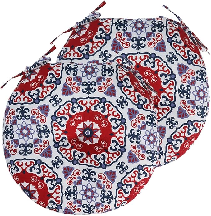 Bistro Chair Cushions 15 inch,Set of 2,Tufted Round Chair Cushions with Ties,15"x15"x4",Water Resistant Round Seat Cushion for Barstool Chairs,Patio Garden Kitchen Outdoor Furniture(Red Medal)