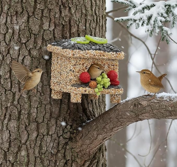 Seeded Birdhouse for Outside with Fruit, Wooden Bird House for Wren, Finch, Bluebird,Cardinal, Hanging Seeded Birdfeeder, Bird Seeds Decorated Weather Proof, More Fun Birding (Villa)