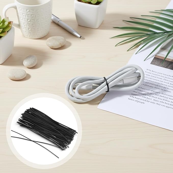 250 Piece Black Metallic Twist Ties, 6 Inch Metallic Twist Ties for Bags Reusable Cable Bread Tie Plant Wire Twists Tie Fastening with Rugged Metal Innercores for Cable Organize Household Office Use