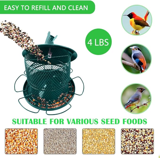 Metal Bird Feeder for Outside, Hanging Bird Feeders Squirrel Proof, 4 Lbs Capacity Iron Mesh Durable Wild Outdoor Birdfeeder with 6 Perches for Finch Cardinals,Gifts for Birds Lovers- Green