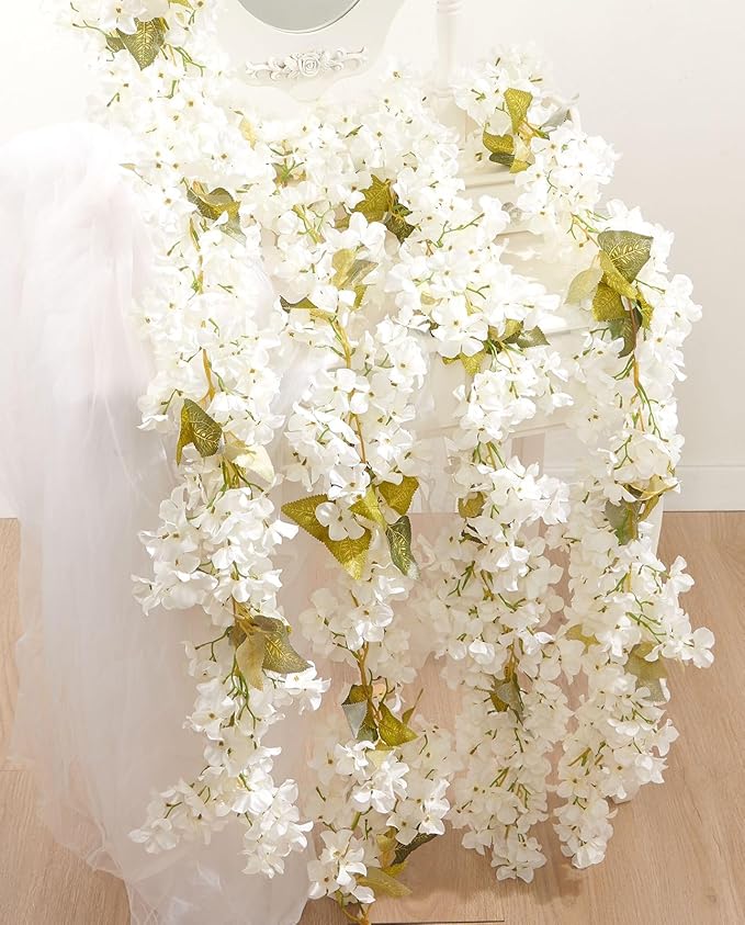 Flower Garland, Artificial Hydrangea Vine Flowers, Hanging Fake Hydrangeas Vine for Room Anniversary Wedding Birthday Christmas Wall Arch Decor, 2 Pcs, Floral Garland, White Flower