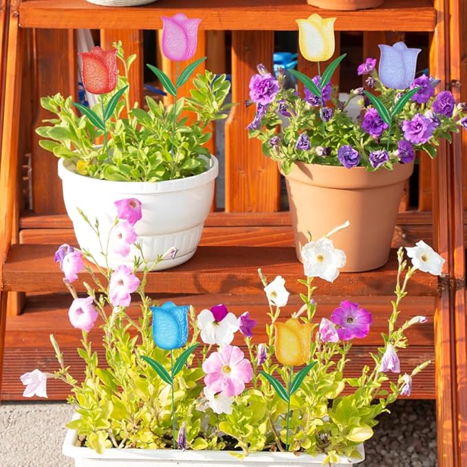 hogardeck Garden Decor for Outside, Set of 6 Metal Tulip Flowers Decorative Garden Stakes for Yard Decor, Outdoor Decorations Yard Art for Lawn Front Porch Pathway Patio (Multi-Color)