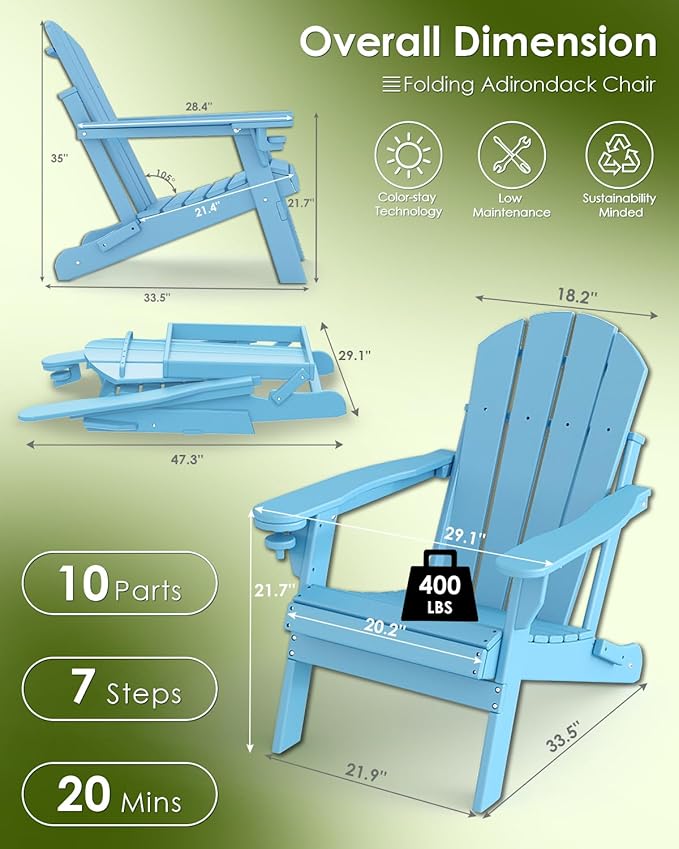 GREENVINES Folding-Adirondack-Chair | HDPE Plastic | Fire Pit Chairs | All Weather | Cup Holder | Arctic | for Deck Backyard Patio Outdoor Garden