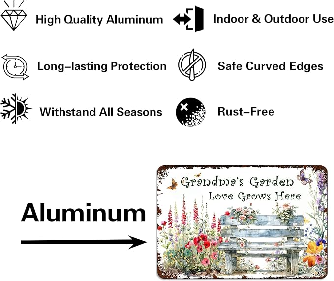 Funny Garden Metal Signs "Grandma's Garden Love Grows Here" Yard, Backyard, Patio Rustic Gardening Decor, 8 x 12 Inch