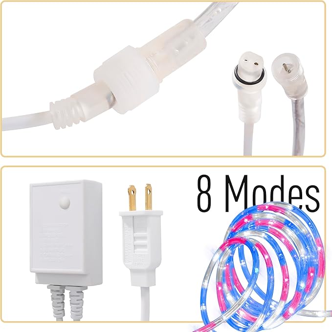 Waterproof LED Rope Lights, Connectable & Flexible with 8 Modes, Outdoor Lighting for Deck, Garden, Pool, Patio & Christmas Decor (Red/Blue/White, 50ft)