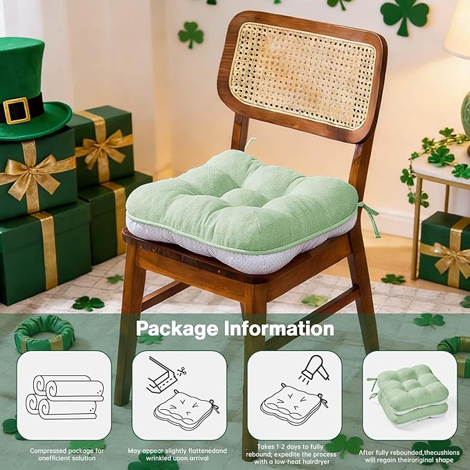 BETU Chair Cushions for Dining Chairs Set of 2,3.5" Thick Kitchen Table Chair Pads with Ties,Non Slip Backing and Covers, Home Decor Seat Cushion for Dining Room,Bar,Patio Chairs16"X16"X3.5"Sage Green