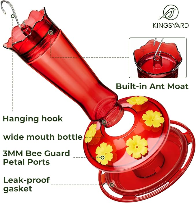Kingsyard 2 Pack Glass Hummingbird Feeder for Outdoors Hanging - 6 Bee Guard Feeding Ports & Built-in Ant Moat, Wild Bird Feeder for Outside Garden Yard Patio 14 Oz, Red