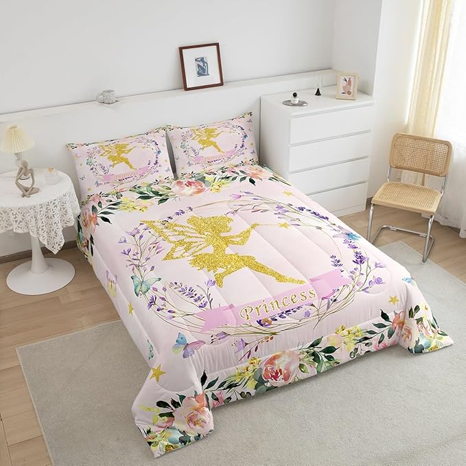 Erosebridal Fairy Garden King Comforter Set,Dreamy Butterfly Floral Bedding Sets for Girls Kids,Pink Coquette Flower Quilt Bed Set,Cute Girly Princess Bedroom Decor,2 Pillowcases All Season
