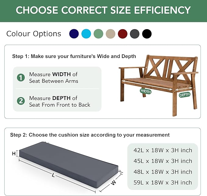 Outdoor Bench Cushion: Waterproof and Fade Resistant Patio Furniture Cushions - Non-Slip Bench Pad Cushion with Removable Cover for Garden Swing Porch Sofa Settee, 59 x 18 Inch, Dark Grey