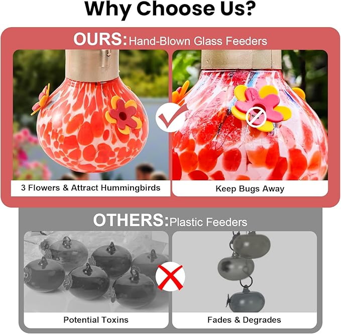 Hummingbird Feeder with Solar Light, Glass Hummingbird Feeder for Outdoors, Auto-Lighting Solar Light for Garden Decor, 3 Ports Attract More Birds, Waterproof Lamp, Ideal Gift, Red