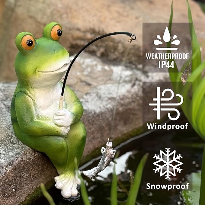 Garden Frog Pond Statue Decoration, Fishing Frog Garden Statue Outdoor Koi Pond or Waterfall Decor, 9.5" Frog Figurine Fishing Poolside Statue, Frog Gifts for Mom