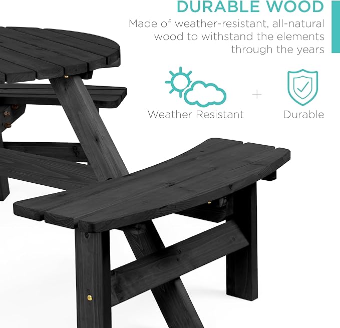 Best Choice Products 6-Person Circular Outdoor Wooden Picnic Table for Patio, Backyard, Garden, DIY w/ 3 Built-in Benches, 500lb Capacity - Black