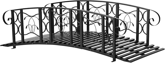 Outsunny 6' Metal Arch Backyard Garden Bridge with 660 lbs. Weight Capacity, Safety Siderails, Vine Motifs, Easy Assembly for Backyard Creek, Stream, Pond, Black