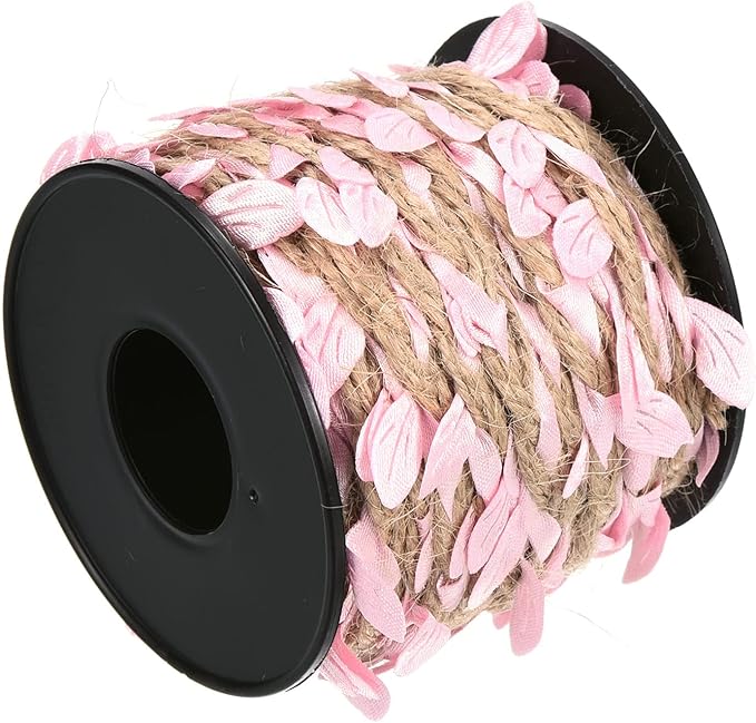 PATIKIL 33ft 5mm Burlap Leaf Ribbon, Braided Decoration Vine Natural Jute Rope Twine with Artificial Leaves for Jungle Wedding Party Home Garden Decor, Pink