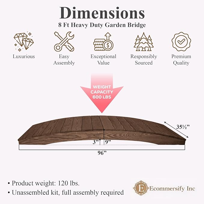 8 FT WALNUT Amish Made Pinewood Heavy Duty Garden Bridge for Walkway, Backyard Pond & Landscaping, Outdoor Wooden Footbridge for Koi Pond, Japanese Style Decorative Bridge, Made in USA