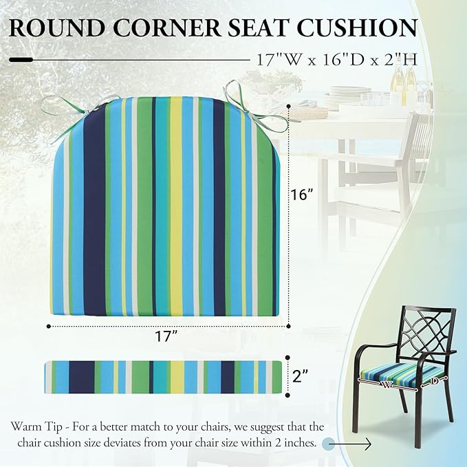 Wellsin Outdoor Chair Cushions for Patio Furniture - Patio Chair Cushions Set of 6 - Water Resistant Round Corner Outdoor Seat Cushions 17"X16"X2", Stripe 01