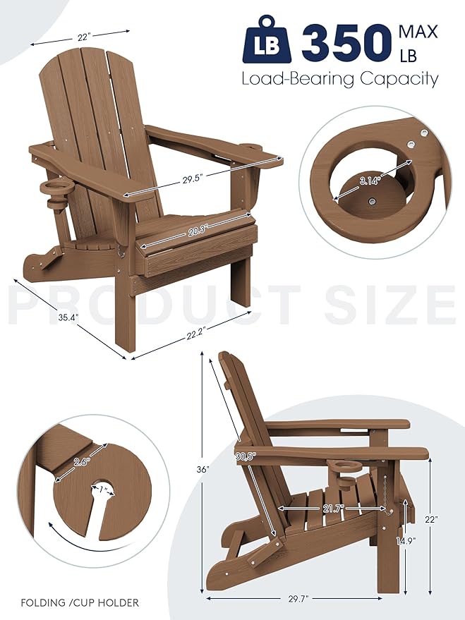 KINGYES Folding Adirondack Chair with Dual Cup Holders - HDPE All-Weather Outdoor Chairs, Wood-Like Patio Chair for Backyard, Camping, Pool & Fire Pit, Brown
