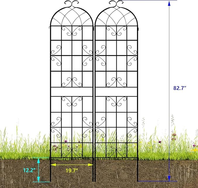 LZRS 2 Pack 83x20in Rustic Iron Arch Decoration Garden Trellis with Black Metal Coating – Perfect for Supporting Climbing Plants Outdoor, Roses, Vines, Flowers, and Vegetables.