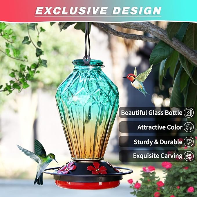 Glass Hummingbird Feeder for Outdoors Hanging, 25Oz Humming Bird Nectar Feeder, Perch, 5 Flower Feeding Ports, Leak Proof Base, Hook for Outside Garden Backyard, Gift for Women, Diamond Green