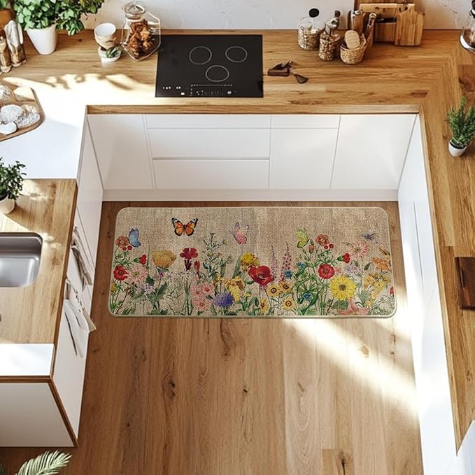 Artoid Mode Wood Flowers Butterfly Spring Runner Rug, Home Summer Decor Low-Profile Door Mat Floor Mat for Indoor Outdoor 24x59 Inch