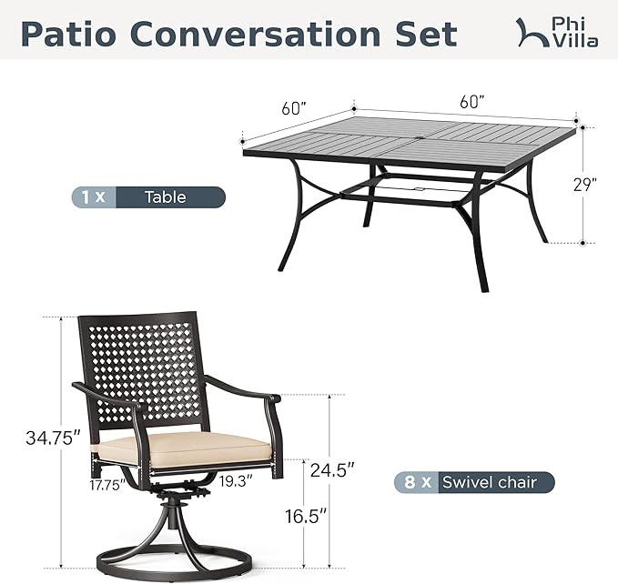 PHI VILLA 9 Pieces Outdoor Dining Set for 8, 60” Square Metal Wrought Iron Table & Swivel Steel Chairs with Cushions, Large Furniture Set for Outdoor Deck, Yard, Porch - Black