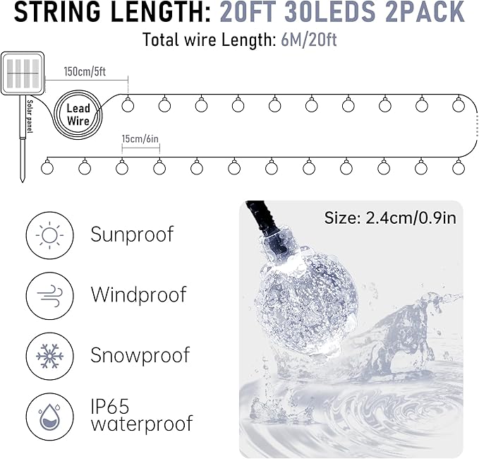 2-Pack 30 LED 20FT Solar String Lights Outdoor, Crystal Globe Lights with 8 Lighting Modes, Waterproof Solar Powered Patio Lights for Garden Yard Porch Wedding Party Decor (White)