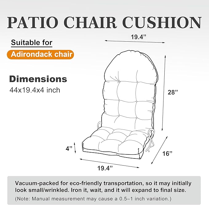 Adirondack Chair Cushion, Rocking Chair Cushion 44x19.4x4 inch, High Back Patio Cushions of Upper and Lower with Ties, Sunscreen and Fade-Resistant (Dark Grey, 2)