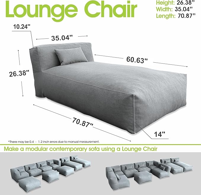 Bean Bag Chaise Lounge Chair Outdoor, Water Resistant Floor Lounge Chairs Foam Filled for Pool & Outside, Patio Day Bed Modern Furniture Set, Comfy Lazy Sofa Couch Bean Bag, Dark Gray