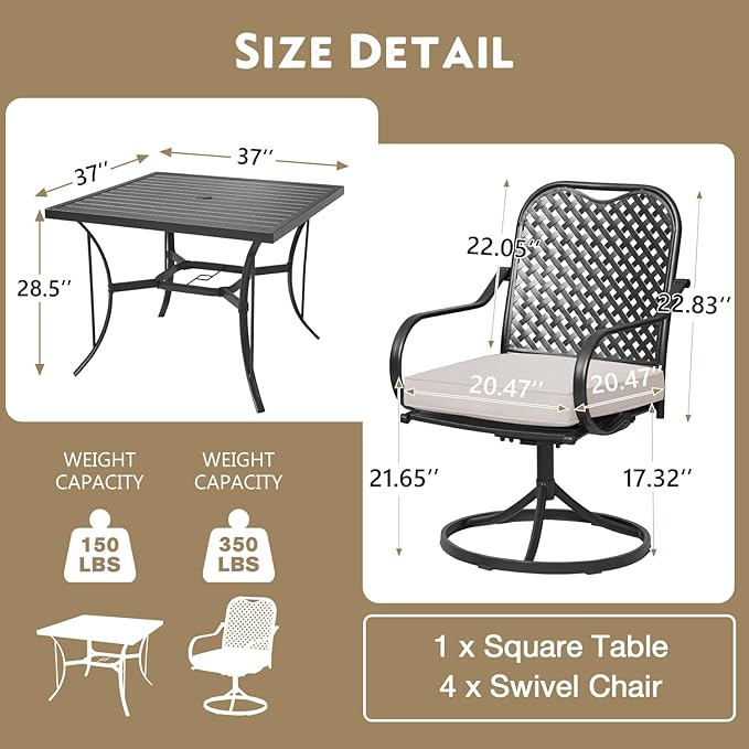 MELLCOM 5 Pcs Outdoor Dining Set, 4 Swivel Rocker Chairs with Thick Cushions & Square Dining Table with Umbrella Hole, Patio Furniture Set for Porch, Beige