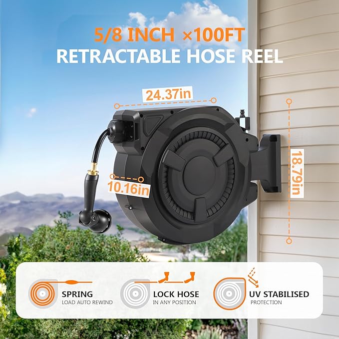 wikiwiki Retractable Garden Hose Reel 5/8 in x 100 ft, Heavy Duty Wall Mounted Hose Reel with 10- Function Sprayer Nozzle, Automatic Slow Return System/180°Swivel Bracket/UV Resistant (Black)