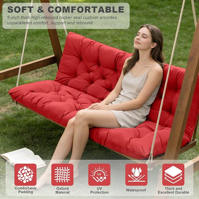 Porch Swing Cushions,Outdoor Cushions 3 Seater Replacement with Backrest, Waterproof Thickened Bench Cushion with Ties for Porch, Patio,Outdoor, Backyard and Garden (Red 47 * 40 in)
