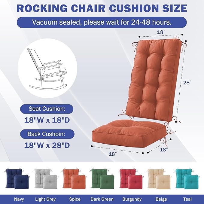 Rocking Chair Cushion, Waterproof and Fade-Resistant Patio Chair Cushions, Tufted Chair Pads for Rocker Furniture, 18x18 Inch, Indoor/Outdoor Seat Cushions with Ties, Spice