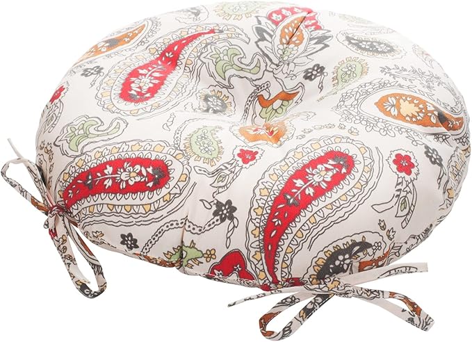 Magpie Fabrics Outdoor Round Bistro Seat Cushions with Ties, 15"x15"x4" Set of 2, Tufted Waterproof Barstool Chair Pads for Patio Home Garden Office, Paisley Beige Red