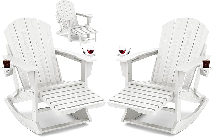 KINGYES Adirondack Rocking Chair Set of 2 with Retractable Ottoman and Cup Holders, HDPE Adirondack Rocker Patio Rocking Chair for Porch, Patio, Balcony, White