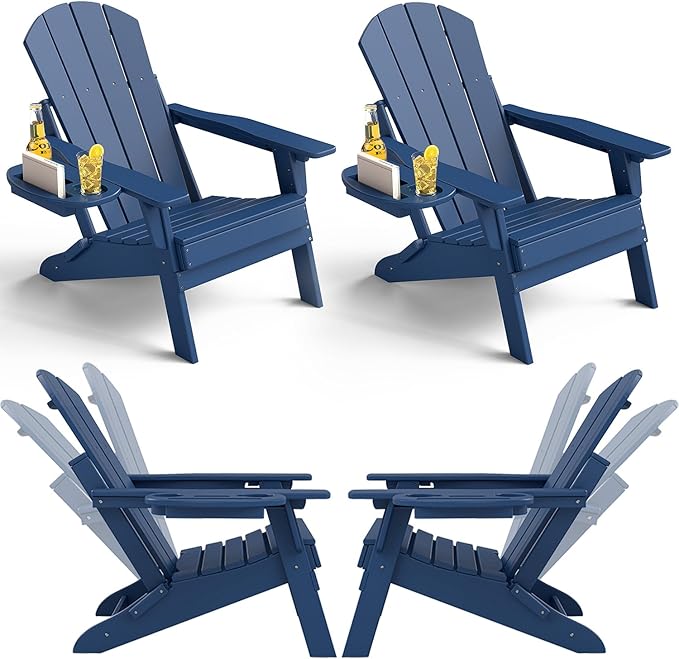 Adjustable Adirondack Chair Set of 4 with Cup Holder, All Weather HDPE Fire Pit Chairs for Deck, Backyard, Patio, Navy Blue
