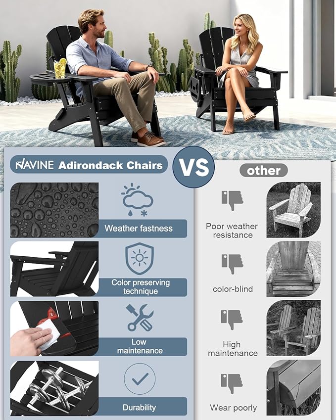 Adjustable Adirondack Chair Set of 8 with Cup Holder, All Weather HDPE Fire Pit Chairs for Deck, Backyard, Patio, Black