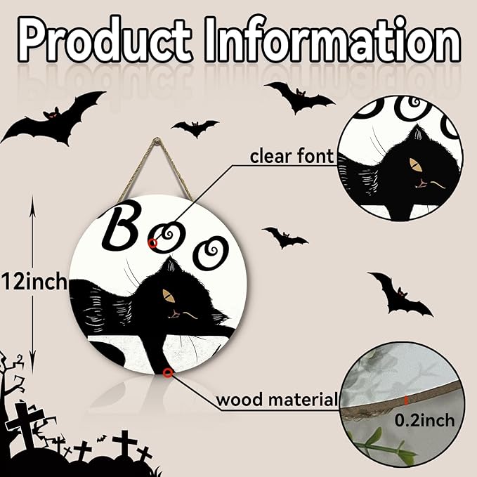 Halloween Black Cat Signs for Front Door Boo Wooden Door Hanger Scary Holiday Hanging Decorations for Wall Porch Outdoor